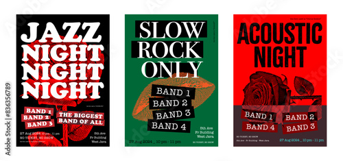 Music Festival poster,  Jazz night live performance for cafe or club, rock night, vector design set of 3, event for pop punk or rock, acoustic night for pub, set of 3