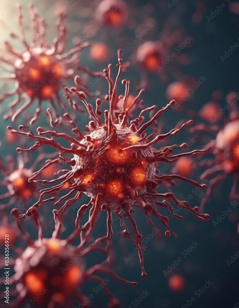 macro image of red virus against plain background, realistic macro image of red virus against plain background, realistic