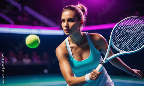 Cinematic shot of skilled female tennis player expertly strikes the ball with her racket showcasing her professional prowess on the court during tennis match or sport championship. Woman athlete