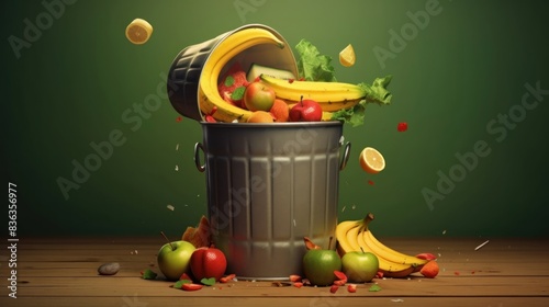 Food in a trash can. Uneaten unused spoiled vegetables thrown in the trash container. Food loss concept. food waste concept.  photo