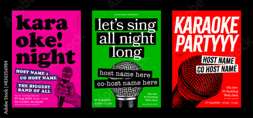 Karaoke night poster design for club or pub event, live with host or band name, sing night promotion design, set of 3 poster, banner or flyer, vector format with paper texture