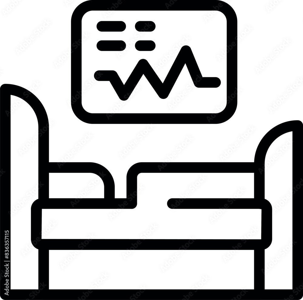 Simplified black line icon illustrating a hospital bed with a monitoring screen, suitable for health care themes Simplified black line icon illustrating a hospital bed with a monitoring screen, suitable for health care themes