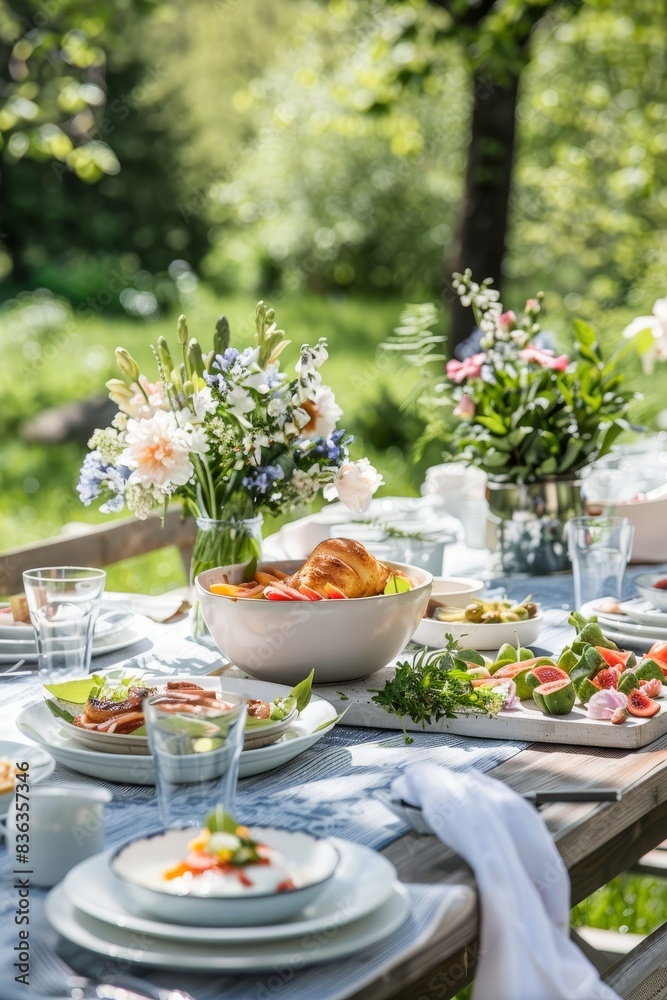 Elegant Outdoor Dining Table Set for Summer Brunch with Fresh Flowers and Delicious Feast, Copyspace Available