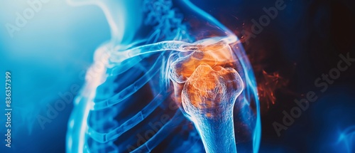 Highresolution webpage banner in blue tone showing joint pain xray, shoulder AP view