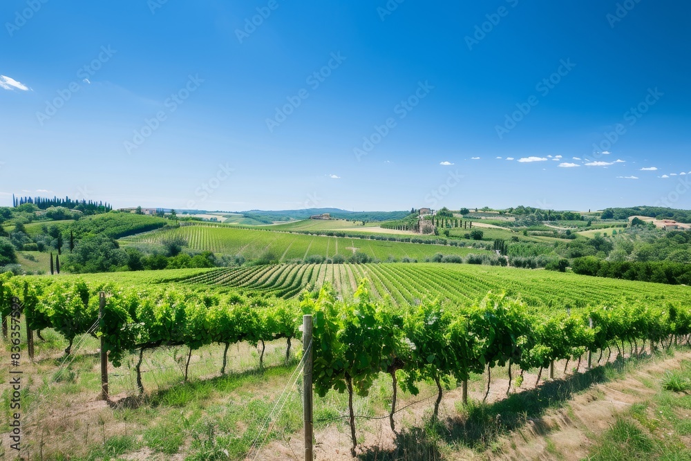 Idyllic Summer Vineyard Landscape with Rows of Grapevines and Clear Blue Sky - Rural Wine Country Scenery with Copy Space Idyllic Summer Vineyard Landscape with Rows of Grapevines and Clear Blue Sky - Rural Wine Country Scenery with Copy Space