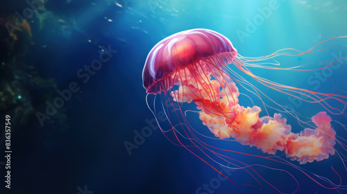 Glowing jellyfish swim deep in blue sea. Medusa neon jellyfish fantasy. a Jellyfish colorful fantasy neon on a Caribbean sea,Neon colorful look like a fairy tale. Underwater a beautiful colorful sea a © Charisia