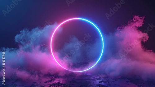 Abstract Cloud Illuminated by Neon Light Ring in Dark Night Sky 3D Render. Glowing Geometric Shape, Round Frame