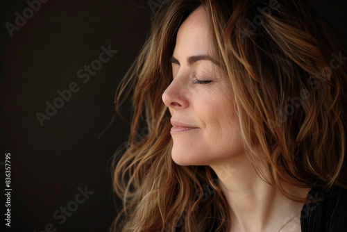 A close up of a woman's face with her eyes closed looking to a side