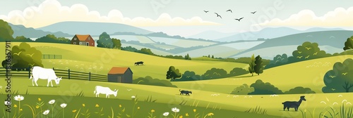 Banner, Tranquil Countryside Landscape with Grazing Animals
