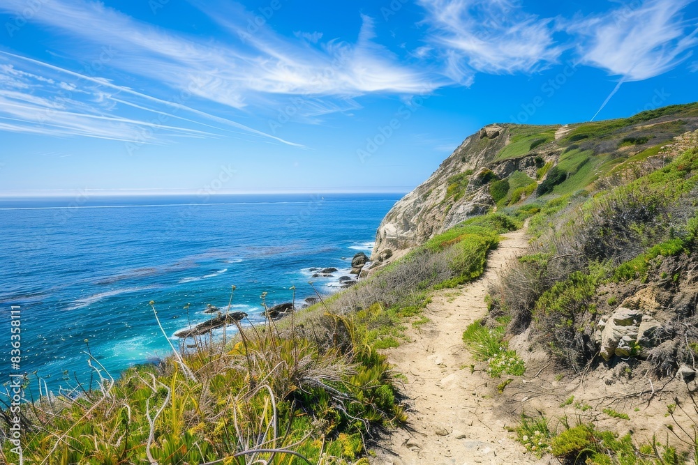 Majestic Coastal Trail: Scenic Ocean Views and Rocky Cliffs Landscape with Copyspace.