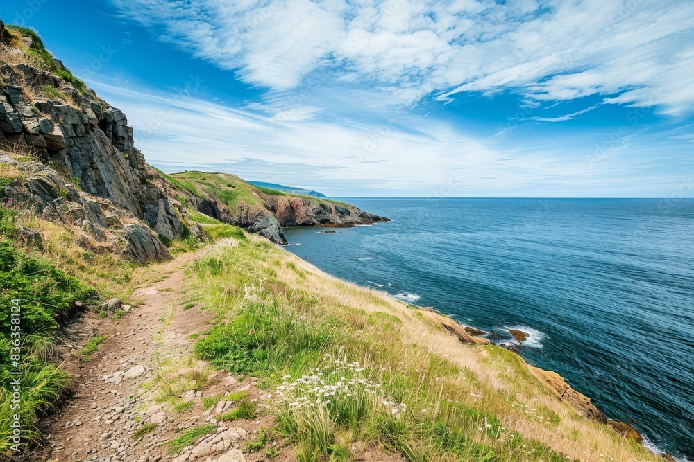 Majestic Coastal Hike: Scenic Views of Ocean and Rocky Cliffs with Copyspace Sky and Trail Path