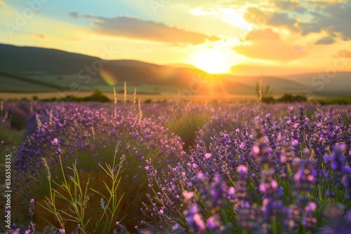 Tranquil Summer Evening  Lavender Field at Sunset with Copyspace