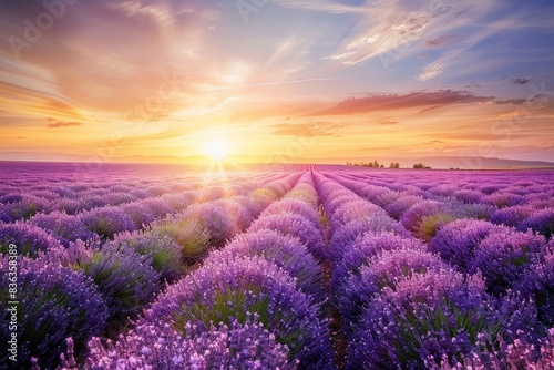 Tranquil Summer Sunset Over Lavender Field with Copyspace. Serene Nature Landscape with Vibrant Purple Flowers.