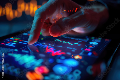 A businesswoman's hand uses a calculator with a financial graph and chart background, 