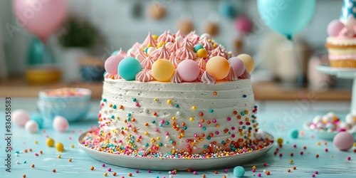 Colorful Celebration Cake with Miniature Balloons, generative ai