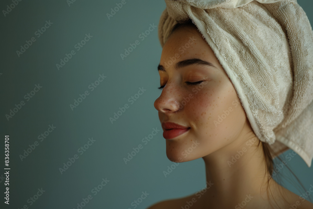 A close up of a woman after having a shower with her eyes closed looking to a side A close up of a woman after having a shower with her eyes closed looking to a side