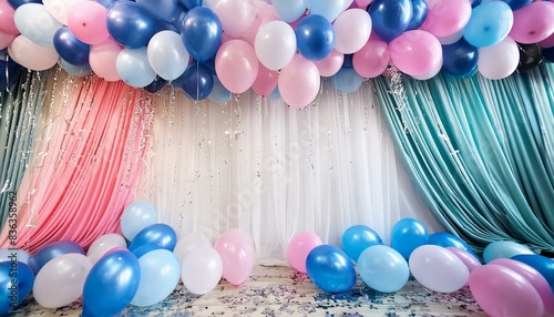 Background with pink and blue balloons and confetti, with space for a festive gender reveal party or baby shower party.