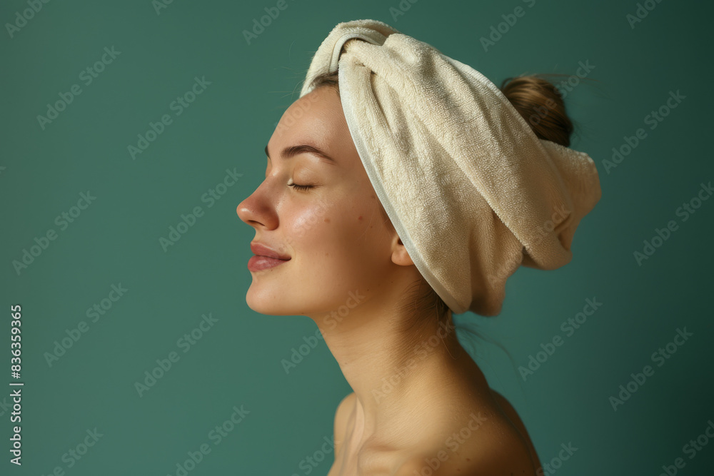 A close up of a woman after having a shower with her eyes closed looking to a side A close up of a woman after having a shower with her eyes closed looking to a side