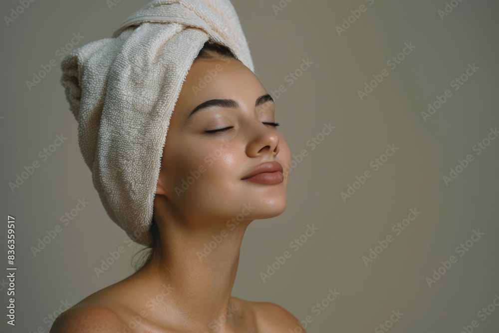 A close up of a woman after having a shower with her eyes closed looking to a side A close up of a woman after having a shower with her eyes closed looking to a side