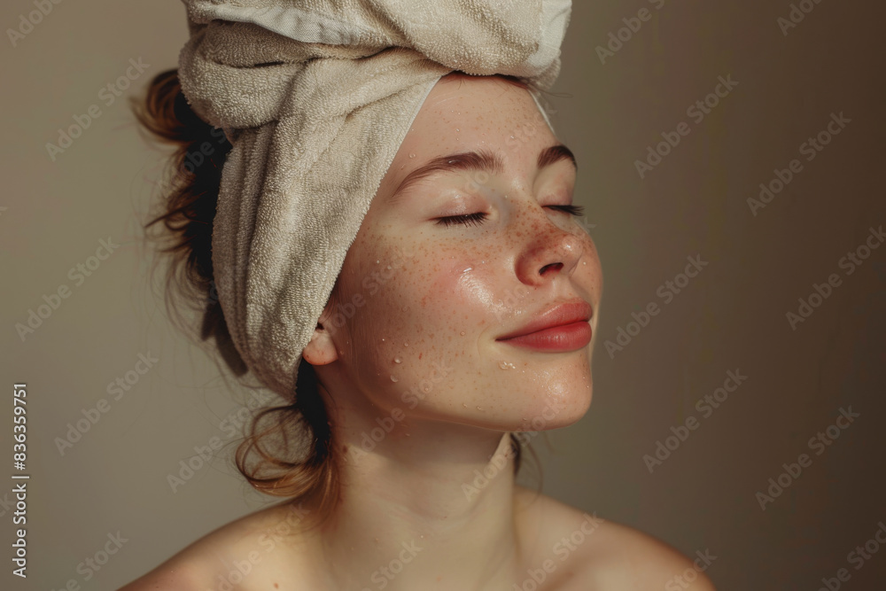 A close up of a woman after having a shower with her eyes closed looking to a side A close up of a woman after having a shower with her eyes closed looking to a side