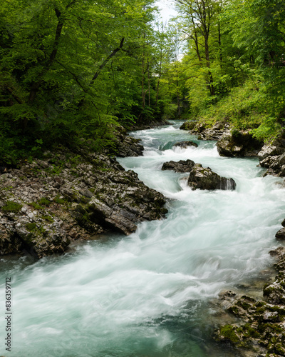 Fast flowing water of a Mountain River in the Julian Alps Slovenia