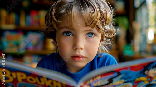 A child wearing a superhero cape reads a comic book, their eyes glued to the page and a look of excitement on their face.