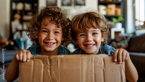 Two young brothers, energetic and smiling, lift a light cardboard box together in a sunny living room filled with packing supplies.