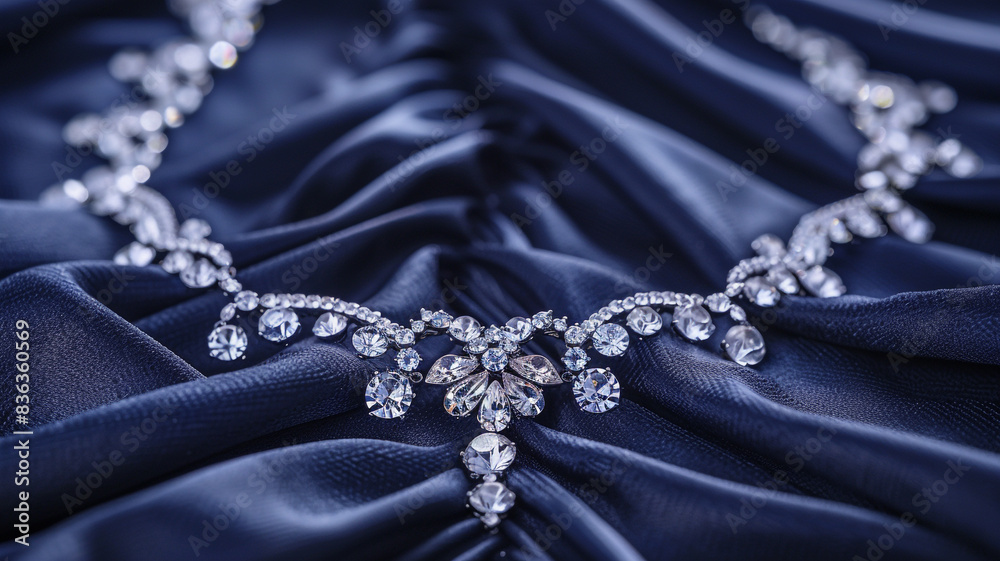 Obraz premium Focus on center of beautiful vintage rhinestone diamond necklace draped on navy velour fabric for background.
