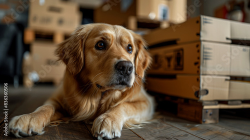 A family dog curiously sniffs around a stack of boxes, its tail wagging with excitement for the upcoming move.