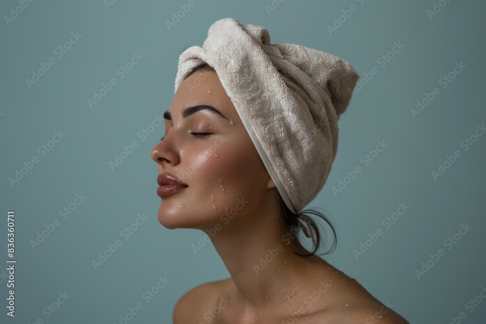 A close up of a woman after having a shower with her eyes closed looking to a side A close up of a woman after having a shower with her eyes closed looking to a side
