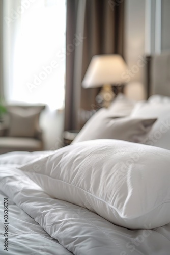 White Pillow On A Made Bed In A Hotel Room Interior
