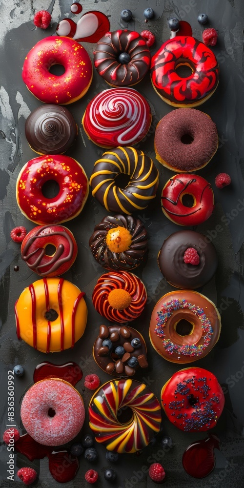 Colorful Glazed Donuts Arranged In A Row On A Dark Surface