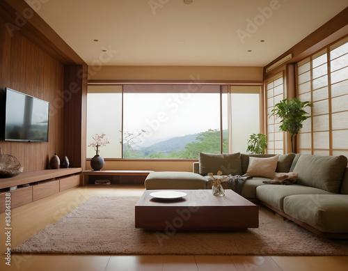 Spacious  traditional japanese living room with tatami mats  large window  and minimalist decor overlooking a tranquil  green landscape