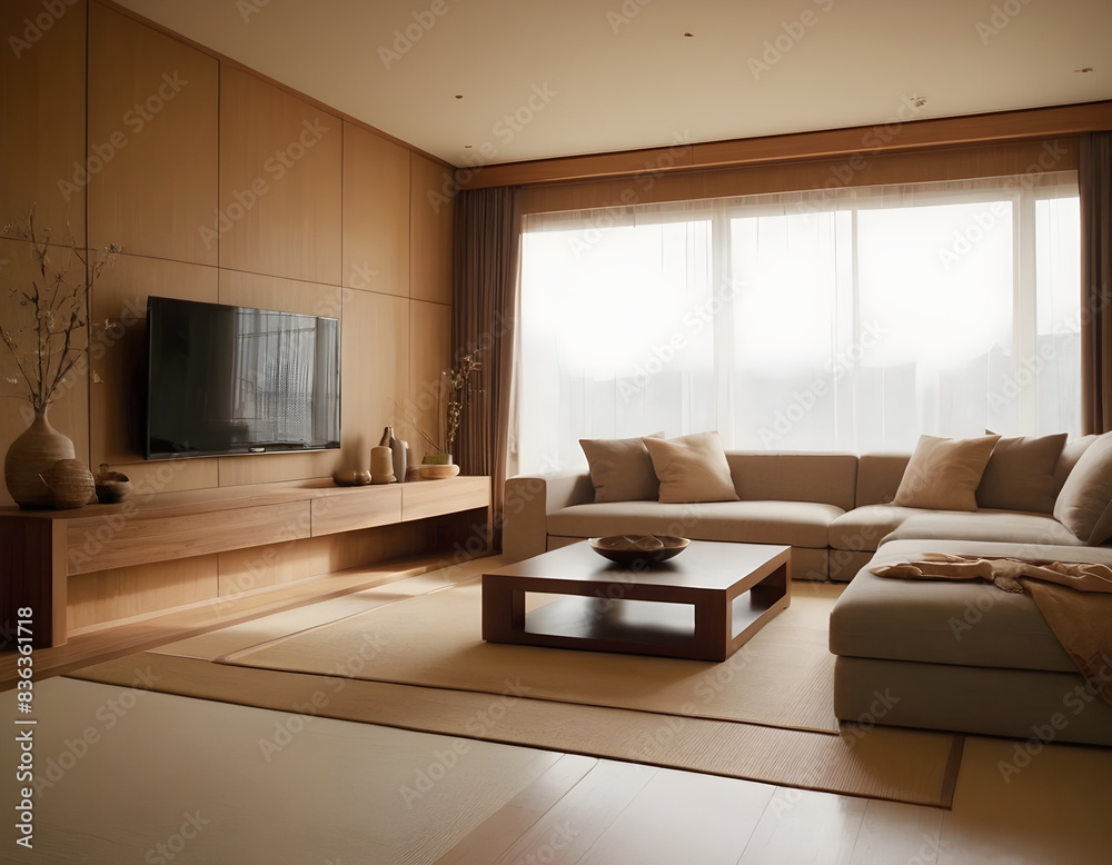 Fototapeta premium Serene home decor with traditional japanese aesthetic, low-profile sofa, and wood elements in elegantly minimalistic living room