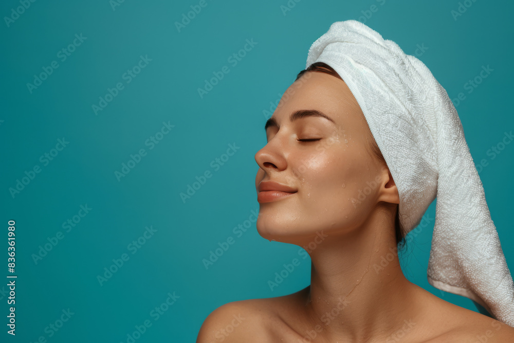 A close up of a woman after having a shower with her eyes closed looking to a side A close up of a woman after having a shower with her eyes closed looking to a side