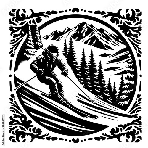 Cartoon Black and White Isolated Illustration Vector Of A Person Skiing Down A Mountain with Trees and Snowflakes