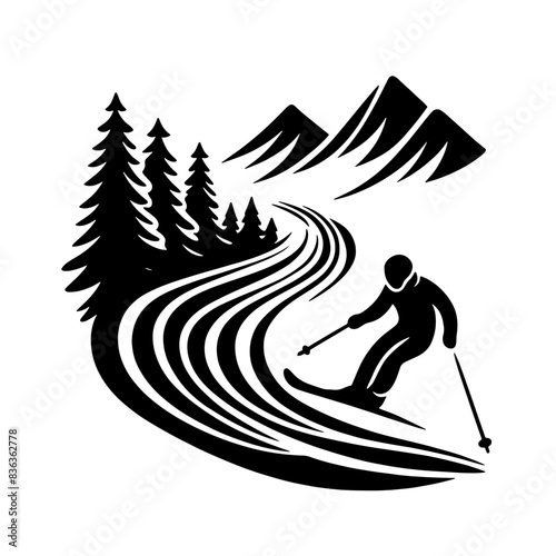 Cartoon Black and White Isolated Illustration Vector Of A Person Skiing Down A Mountain with Trees and Snowflakes