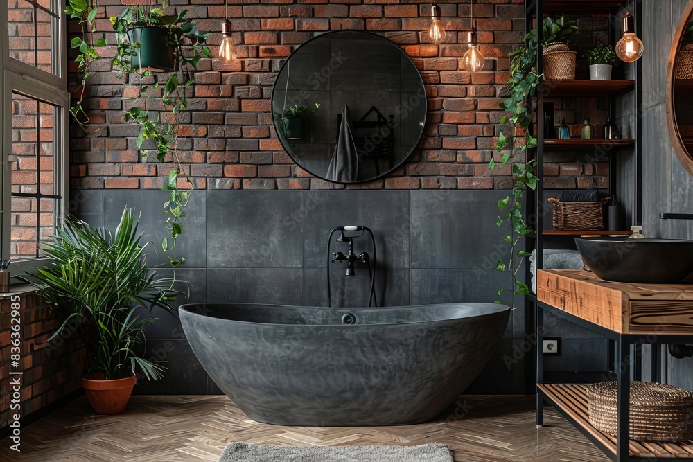 A stylish Japandi bathroom with dark gray tiles and an exposed brick wall The room includes a freestanding bathtub with a matte black finish A stylish Japandi bathroom with dark gray tiles and an exposed brick wall The room includes a freestanding bathtub with a matte black finish