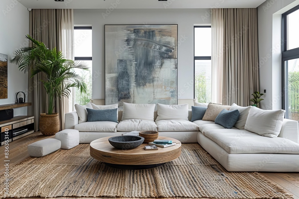 An elegant Japandi living room featuring light wood floors and a white sectional sofa with blue and gray cushions A round wooden coffee table with a black frame sits on a woven rug An elegant Japandi living room featuring light wood floors and a white sectional sofa with blue and gray cushions A round wooden coffee table with a black frame sits on a woven rug