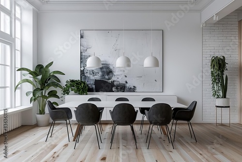 An elegant Japandi dining room featuring white walls and light oak floors The room includes a white dining table with sleek black chairs and a minimalist sideboard in white A singl photo