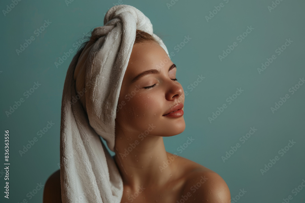 A close up of a woman after having a shower with her eyes closed looking to a side A close up of a woman after having a shower with her eyes closed looking to a side