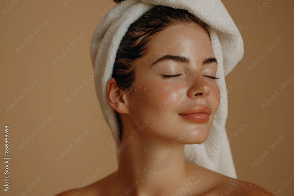 Fototapeta premium A close up of a woman after having a shower with her eyes closed looking to a side