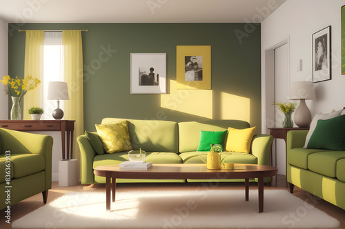 Sunlit living room with green sofas  yellow accents  and elegant decor for a chic home ambiance