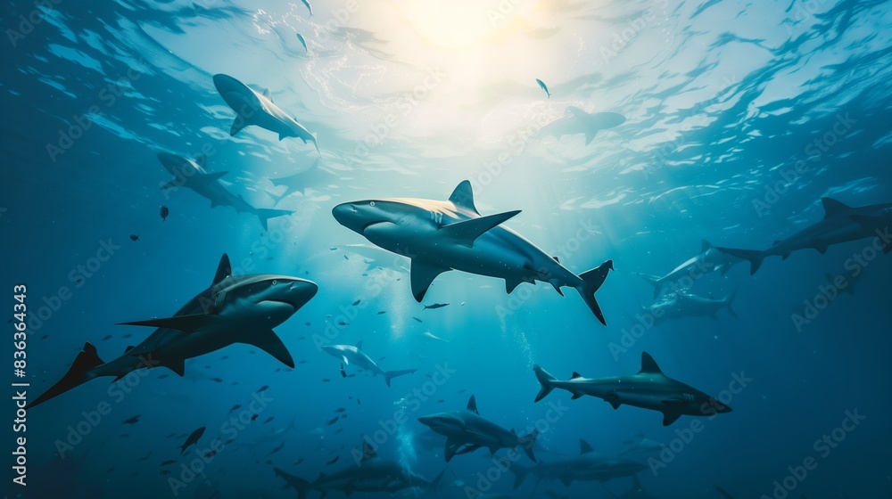 A pod of sharks glides through ocean waters, showcasing the beauty and power of these ancient predators. A pod of sharks glides through ocean waters, showcasing the beauty and power of these ancient predators.