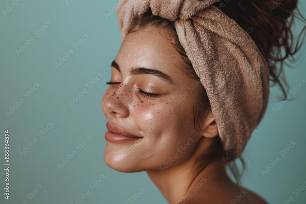 A close up of a woman after having a shower with her eyes closed looking to a side A close up of a woman after having a shower with her eyes closed looking to a side