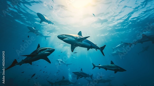 A pod of sharks glides through ocean waters, showcasing the beauty and power of these ancient predators.