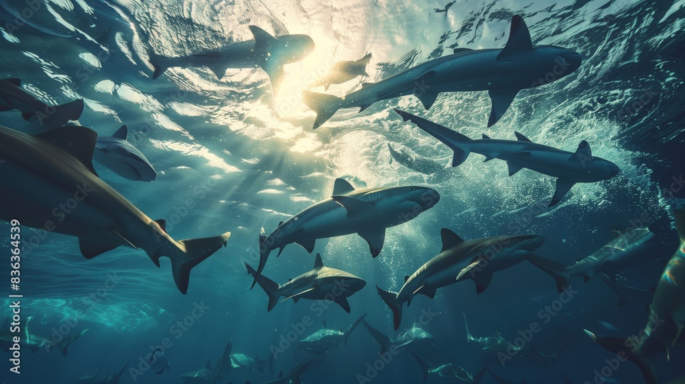 Fototapeta premium A pod of sharks swam gracefully in crystal-clear waters, hunting and maintaining the marine ecosystem's balance.