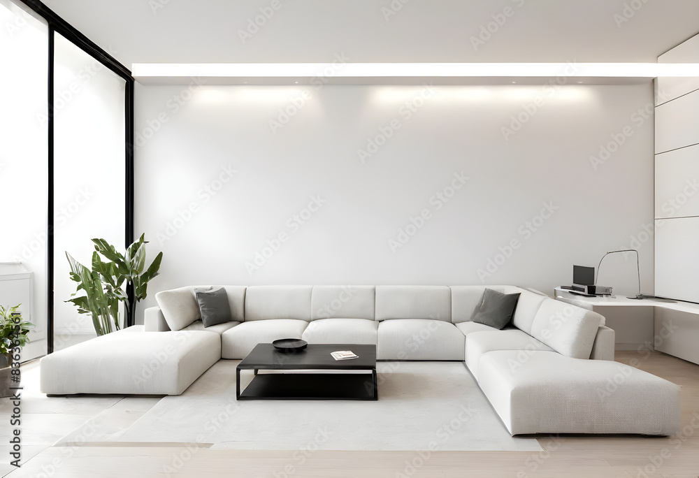 Elegant minimalist living room with white walls, a large l-shaped sofa, and a contemporary coffee table, accented by indoor plants Elegant minimalist living room with white walls, a large l-shaped sofa, and a contemporary coffee table, accented by indoor plants