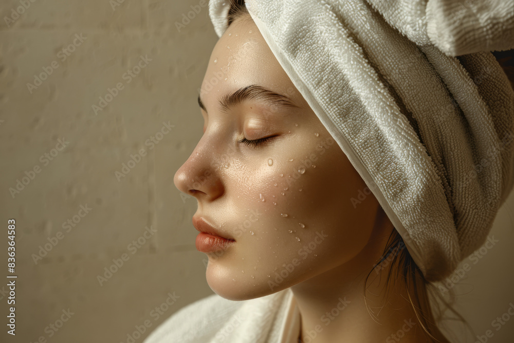 Fototapeta premium A close up of a woman after having a shower with her eyes closed looking to a side