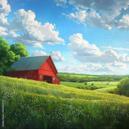 Red barn surrounded by lush green fields under a bright blue sky with fluffy clouds in the countryside during late afternoon